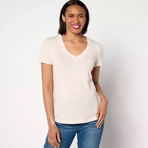 BAREFOOT DREAMS Light Off-White Tan Malibu Collection Slub Burnout V-Neck Tee - Picture 1 of 4